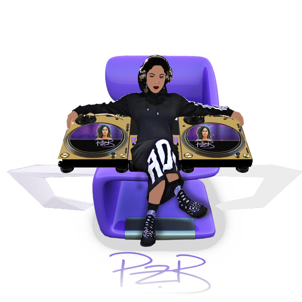 PZB illustrated behind her turntables
